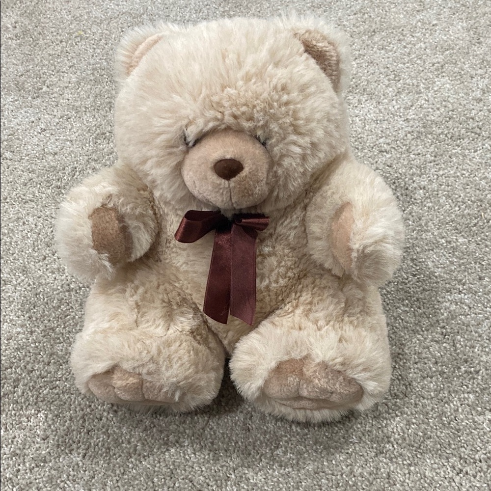 Plush Cream Teddy Bear with Brown Bow